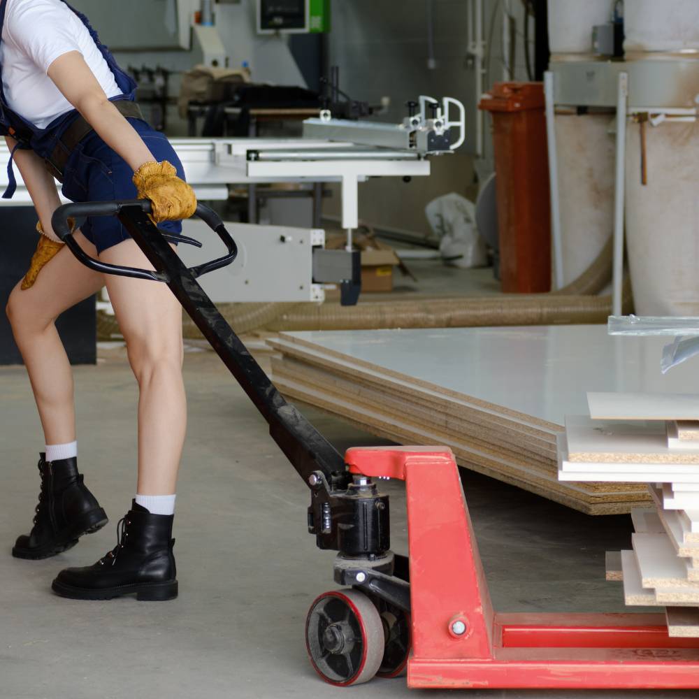 Material handling equipment including a lever hoist and moving straps